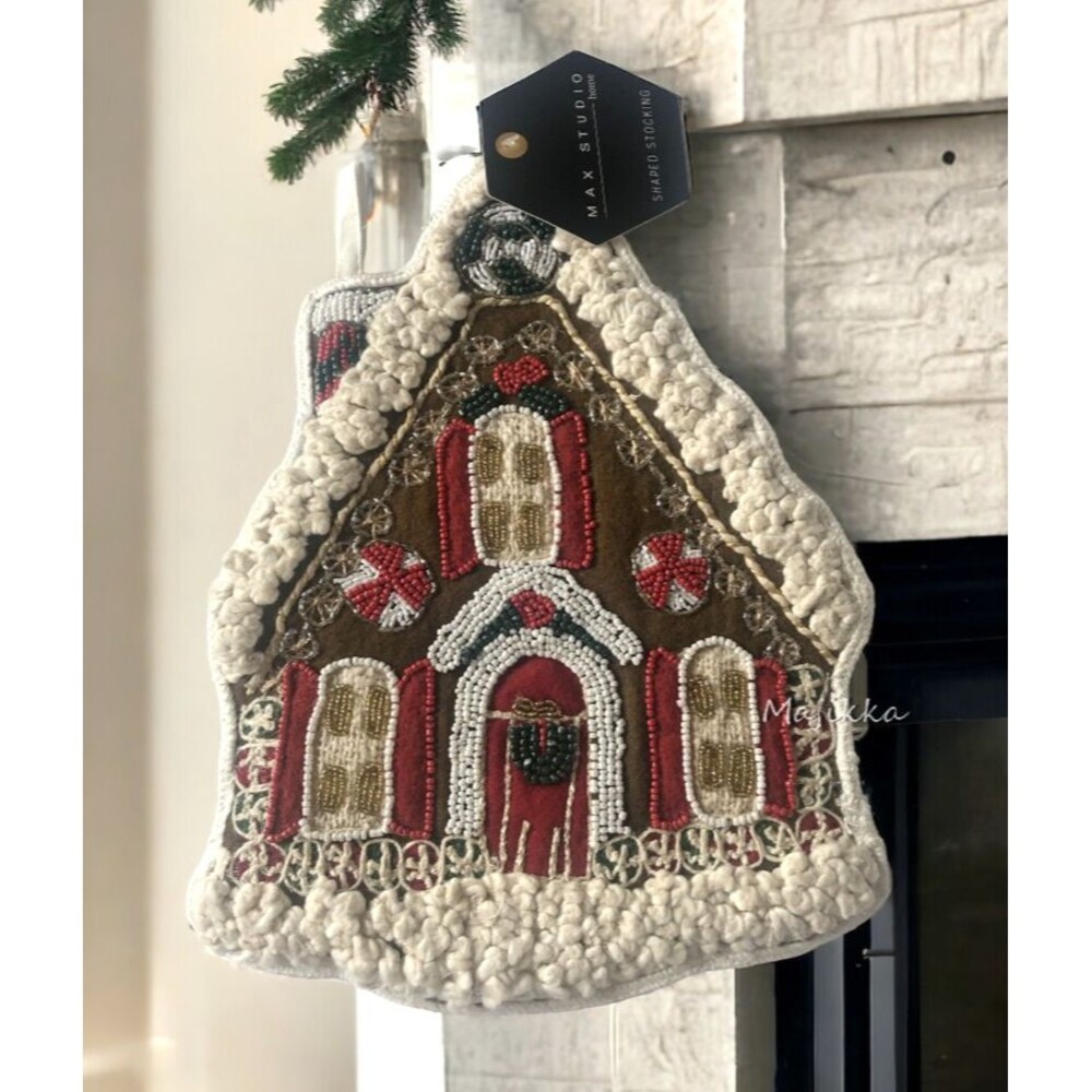Max Studio Christmas Stocking Gingerbread House Shaped Beaded Wool Blend